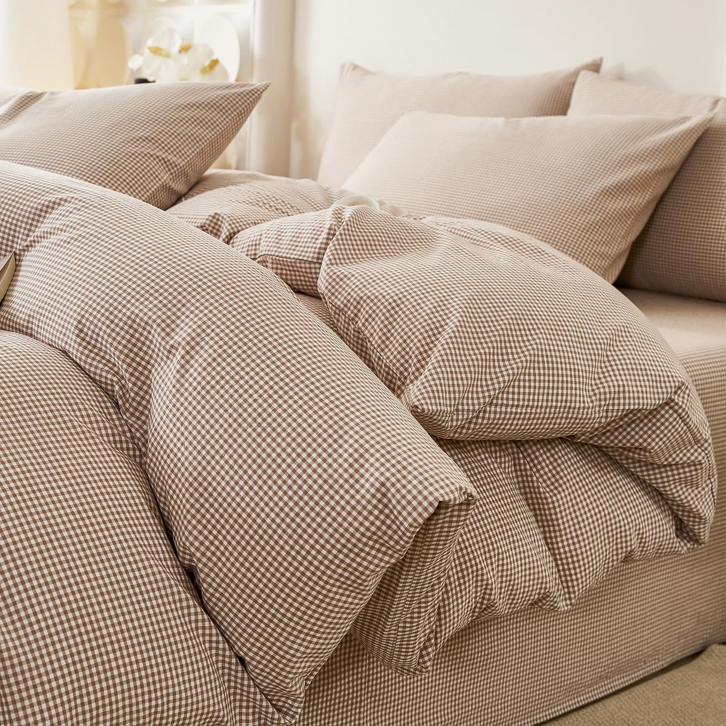 VM VOUGEMARKET Tan Paid Duvet Cover Queen 100% Washed Cotton Like Linen Bedding Set Soft Breathable 3 Piece Mini Gingham Checkered Comforter Cover Set (Queen 90"x90", Comforter Not Included)