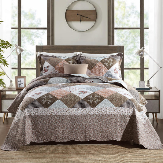 Etwel Lightweight Patchwork Queen Size Quilt Set - Breathable Reversible Cotton Bedspread for Hot Sleepers, Farmhouse Floral Bedding Set with 2 Pillow Shams for All Season (90"x98", Brown Flower)