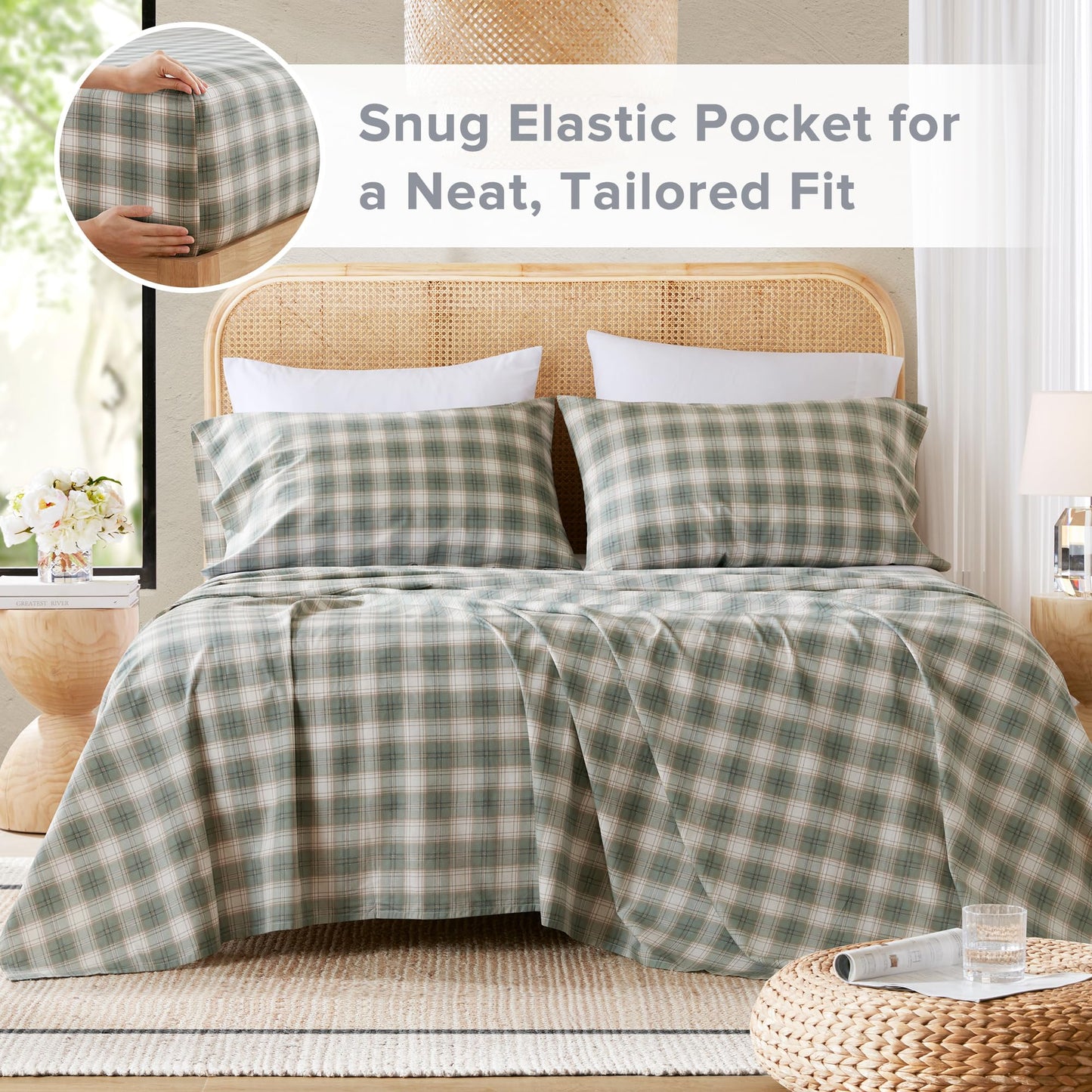 Comfort Spaces 100% Cotton Sheets Full, Breathable, Naturally Cool Cotton Sheets, Soft Cotton Bed Sheets with 14" Elastic Pocket Fits up to 16" Mattress, All Seasons Sheet Set, Wesley Green 4 Piece