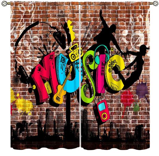 wlsgdsg Music Curtains for Kids Retro Country Upbeat Music with Dancing Notes On The Staff Print for Boys Girls Bedroom Living Room Bathroom 42x44.5In（No Blackout）
