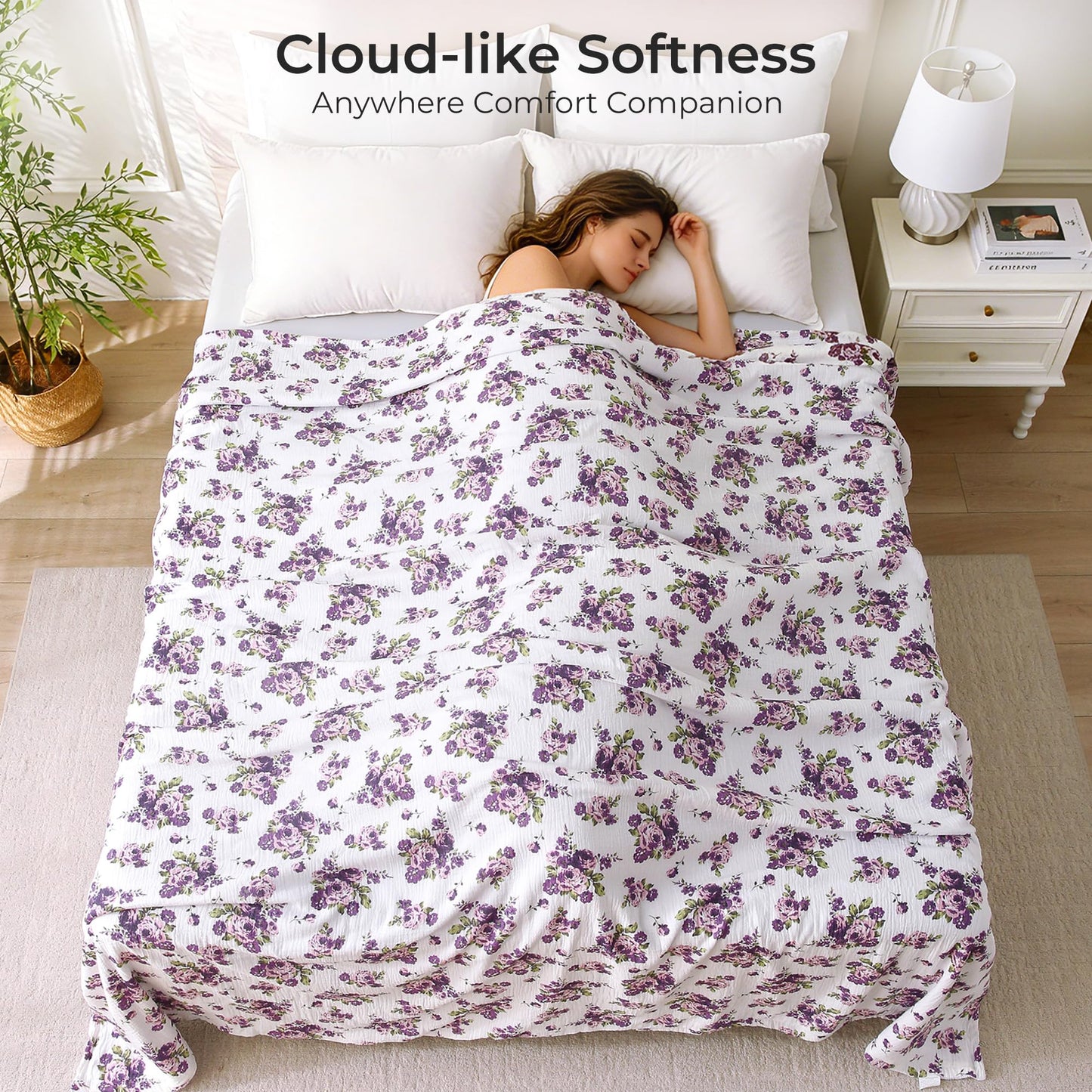 Muslin Blankets for Adults Reversible Throw Fleece & Gauze, Soft Cozy Lightweight Breathable Floral Blanket for Bed Couch, Double Layer Muslin Purple Rose Throw Cover 90"x90"