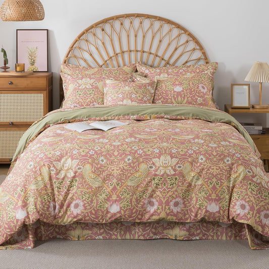 FADFAY King/Cal King 100% Cotton Duvet Cover Set 3 Piece in Dusty Rose & Beige, Reversible Floral Botanical Bird Bedding, Vintage Cottagecore Farmhouse Style, Zipper Closure, Flanged Pillowcases