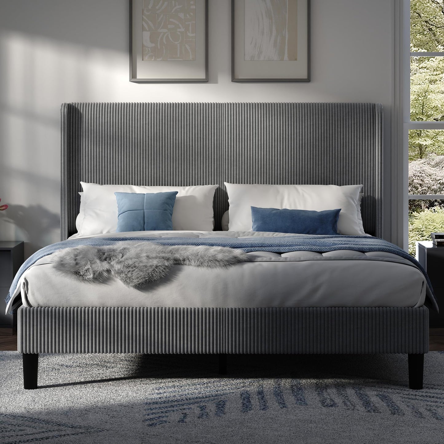 AMERLIFE King Bed Frame, Upholstered Platform Bed with Corduroy Headboard, Easy Assembly Modern Grey Bed Frame with Wooden Slats Support, No Box Spring Needed