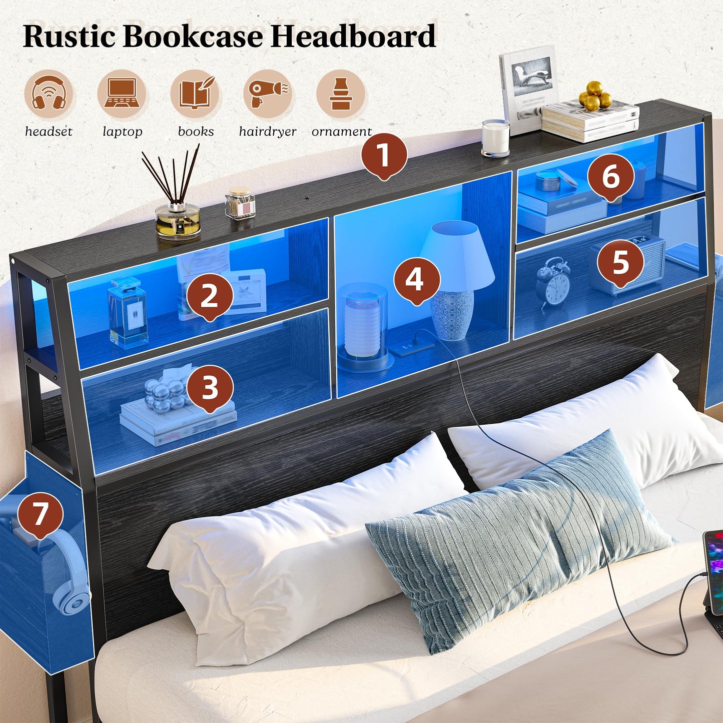Homkdom Full Size Bed Frame with Storage, Full Bed Frame with LED Light and Charging Station,Bed Frame Full with Headboard for Apartment,Guest Room,Black