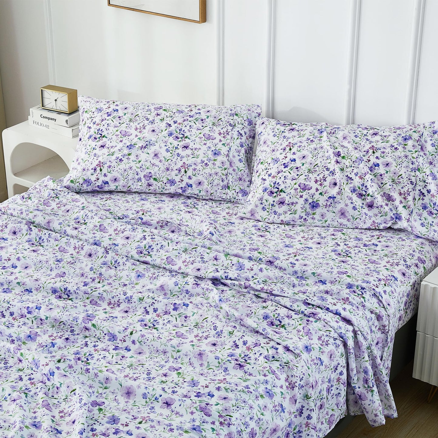Viviland Floral Queen Sheet Set - 4 Piece Vintage Lavender Flower and Leaves Patterned Bed Sheets - Soft, Breathable Microfiber Sheets with Deep Pocket, Non-Slip Fitted Sheets & Pillowcases