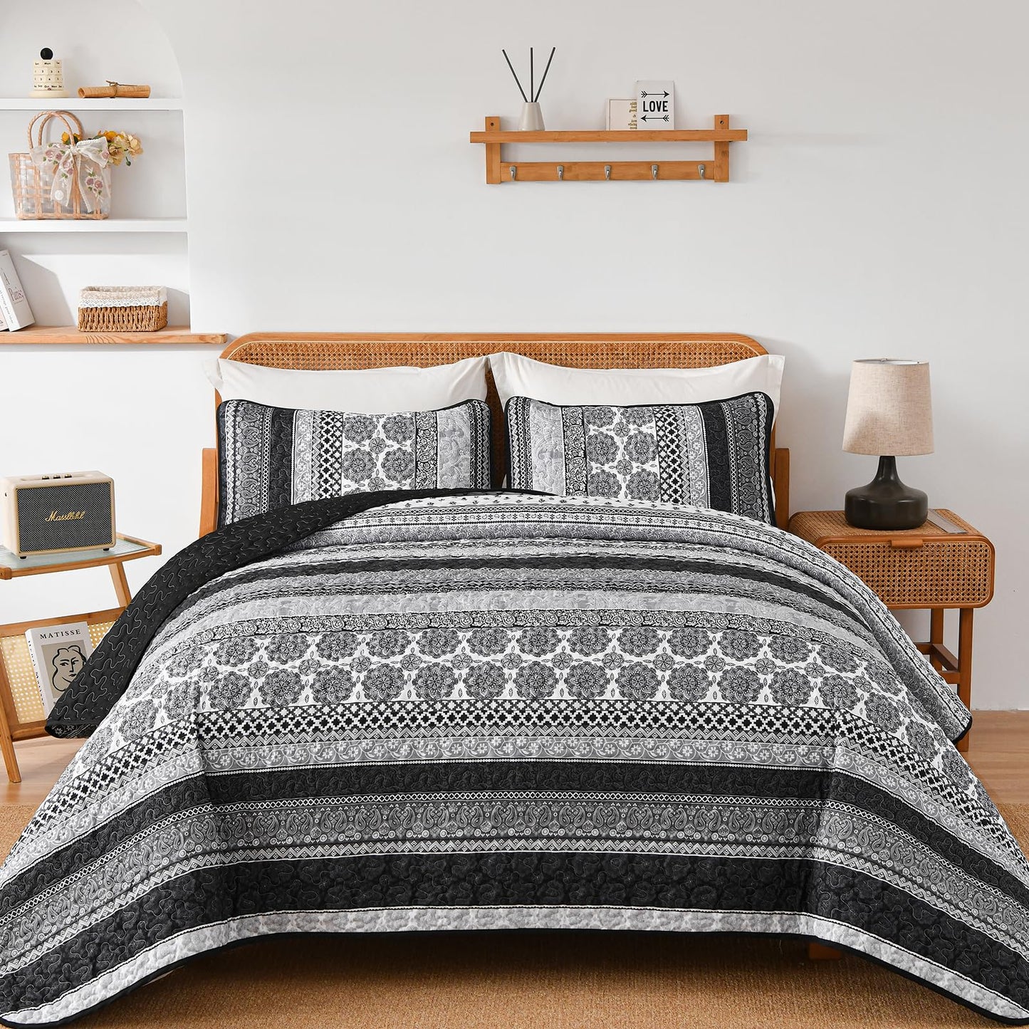 WONGS BEDDING Boho Quilt Set King Size, Grey Bohemian 3 Pieces Quilt Sets, Lightweight Bedspread Coverlet Bedding Set for All Season (104"x90")
