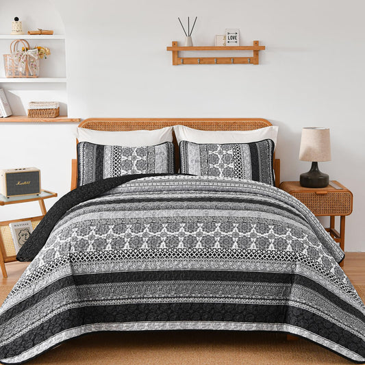 WONGS BEDDING Boho Quilt Set King Size, Grey Bohemian 3 Pieces Quilt Sets, Lightweight Bedspread Coverlet Bedding Set for All Season (104"x90")