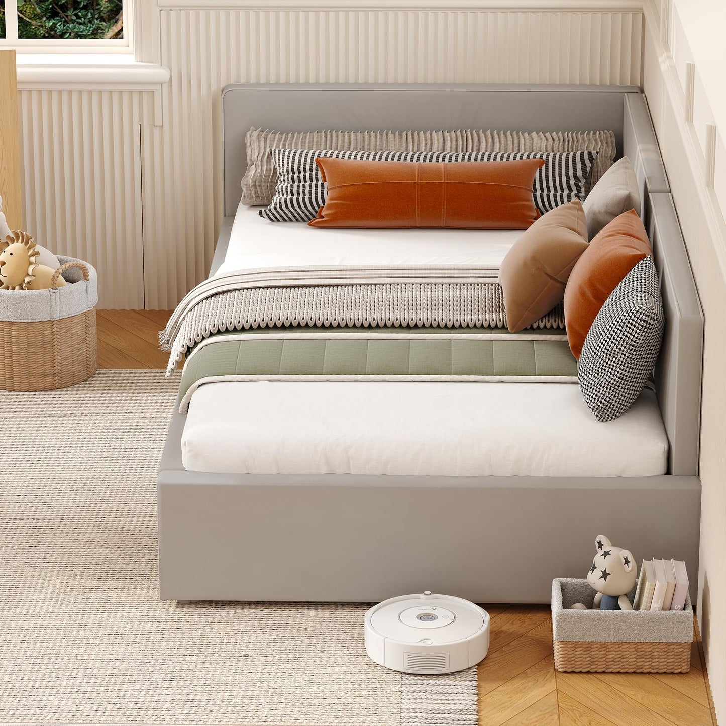 GarveeHome Twin Daybed with Bed Rails, Velvet Upholstered Corner Bed Frame with Headboard, Modern Kids Bed with Guardrail for Living Room, Bedroom, Easy Assembly, Light Grey