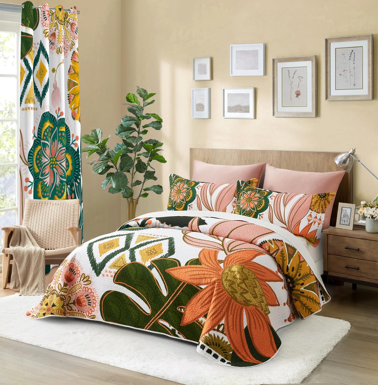 Tyrot 3 Piece Boho Floral King Size Quilt Sets Farmhouse Botanical Reversible Lightweight Bedspread Coverlet with 2 Shams Mid Century Leaves Microfiber Bedding Quilts Set for All Season, 106''x96''