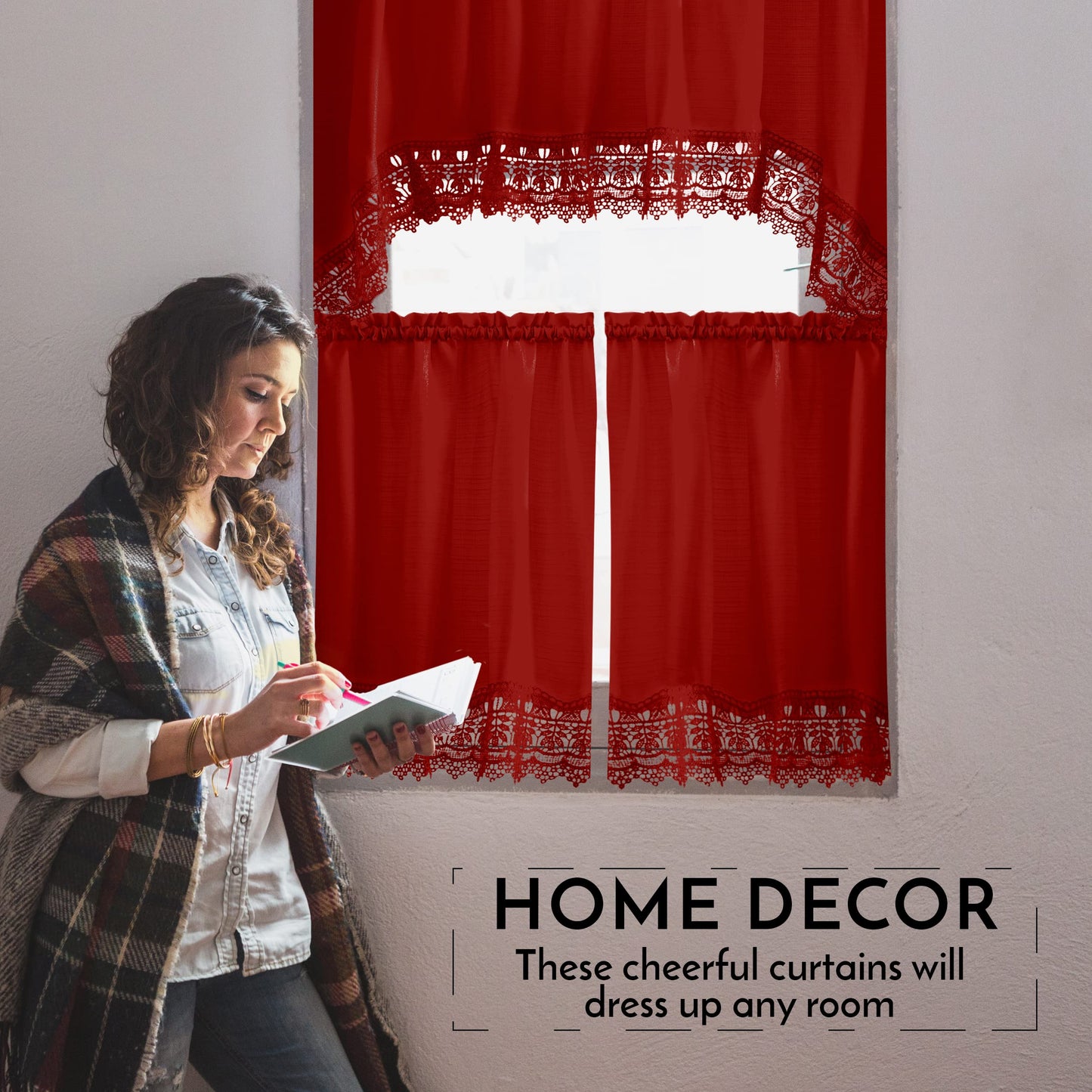 American Linen 3-Piece Kitchen Café Curtains with Embroidered Lace (Red)