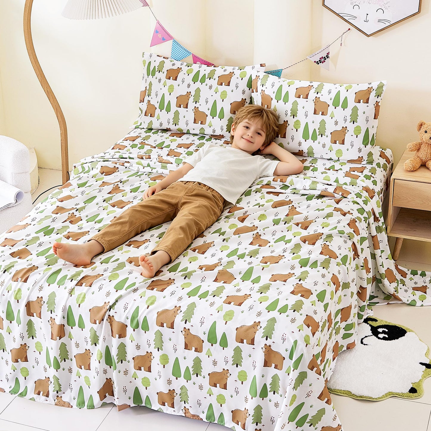 CozySmile Full Sheet Set Kids,4 Pieces Breathable Soft Microfiber Bedsheets for Child Boys, Oeko-TEX, Anti Pilling Deep Pockets Easy Care Bed Sheets, Forest Bear