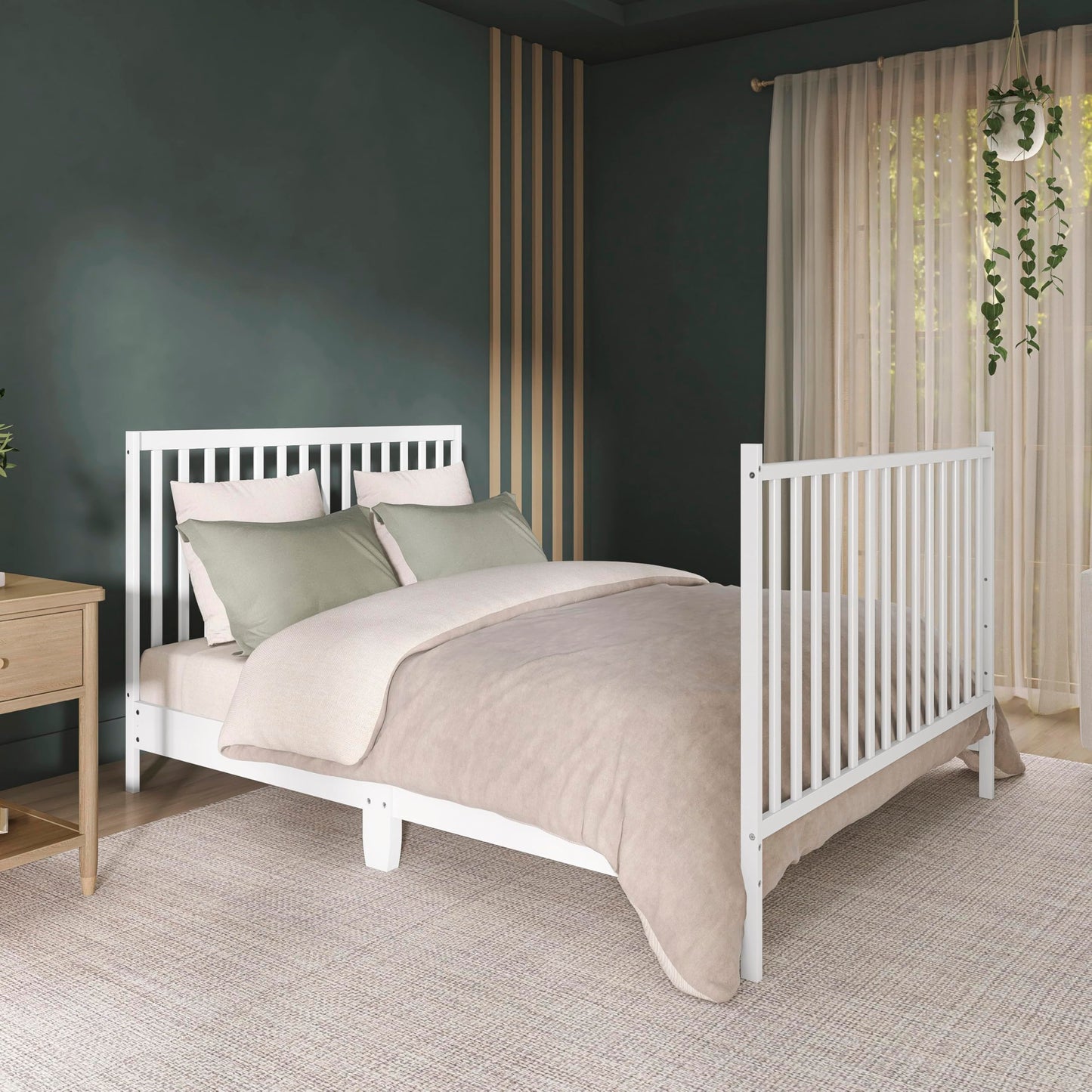 Dream On Me Synergy 5-in-1 Convertible Full-Size Baby Crib with Toddler, Day & Full Bed Conversion in White, GreenGuard Gold & BSA, 3 Mattress Heights, Sustainable Pinewood