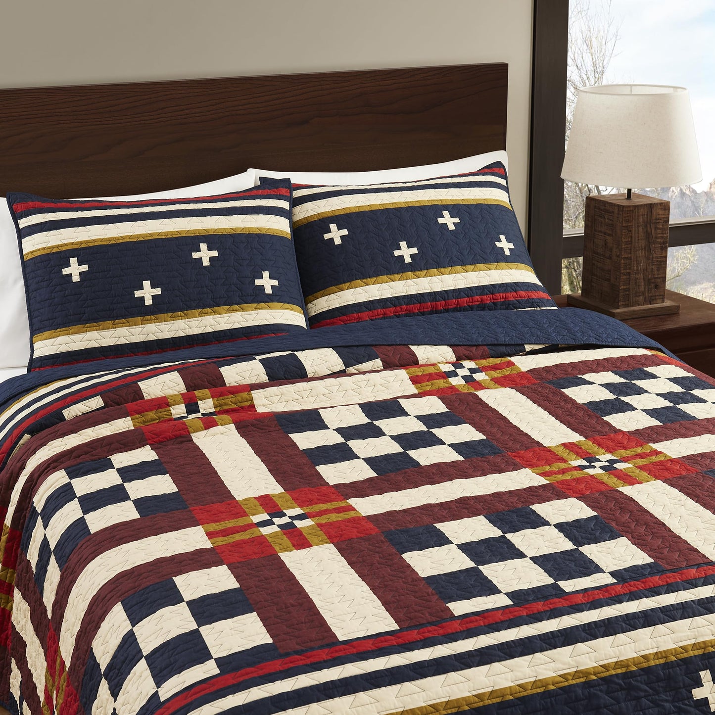 Pendleton Full/Queen Quilt Set – 100% Cotton 3 Piece Quilt Set with Shams, Soft Lightweight Bedding for Queen Size Bed, Blue & Tan Comforter Alternative, Queen Bedding Set (Scout Stripe)