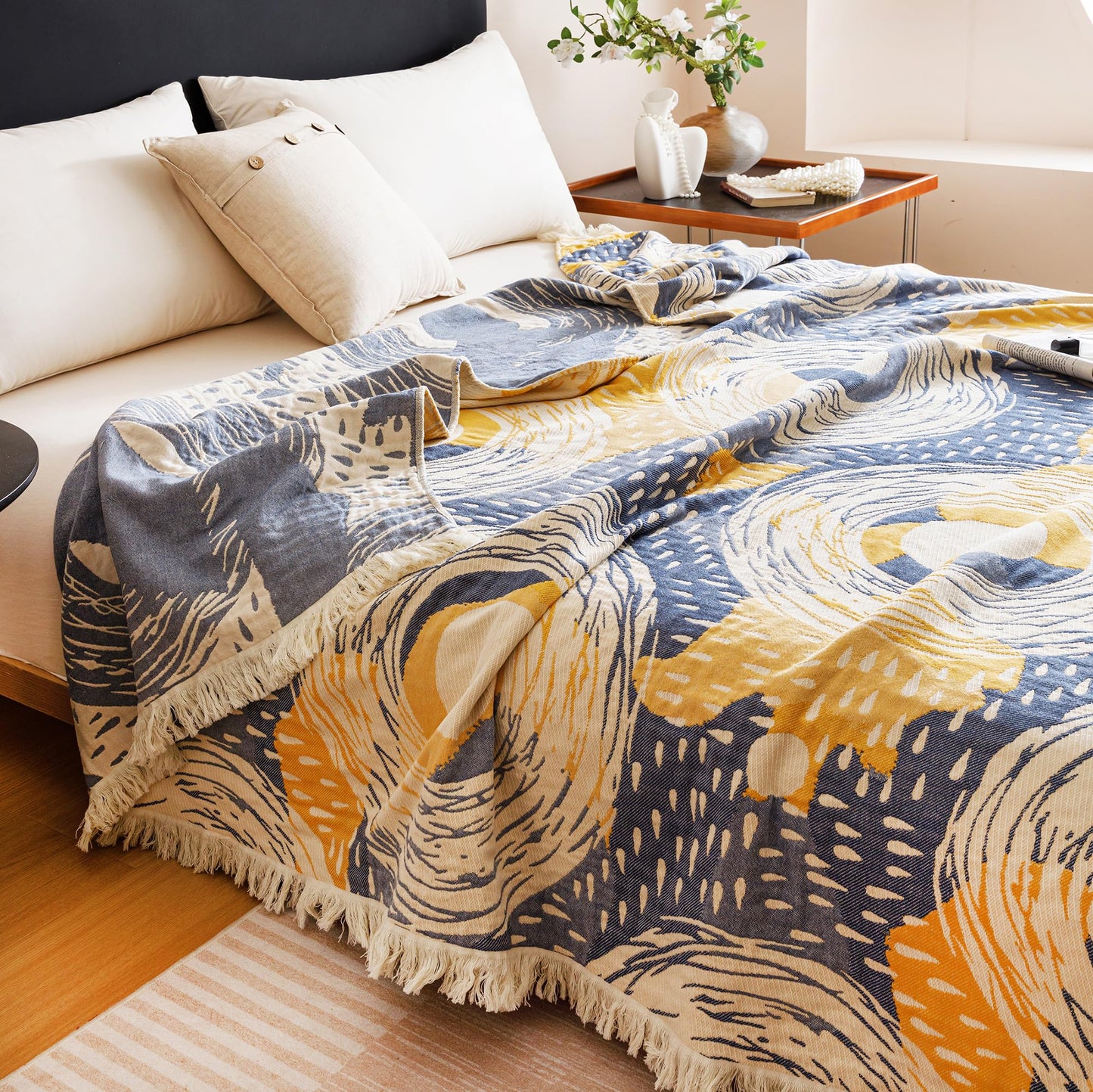 Scientific Sleep Starry Night Impressionism Art Blanket Sky Moon Star 100% Cotton Muslin Blanket Throw for Bed Couch Sofa Cozy Soft Bedding Bedspread Quilt Coverlet Full Queen 80 in x 90 in
