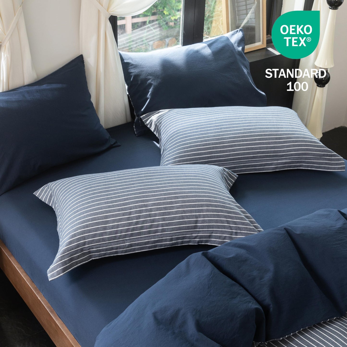 Warm Moment Reversible Duvet Cover Set 100% Washed Cotton Blue Stripe Linen Feel Duvet Cover Queen Size with Zipper Closure & 2 Pillow Shams,Navy/White Stripe Reverse Solid Navy