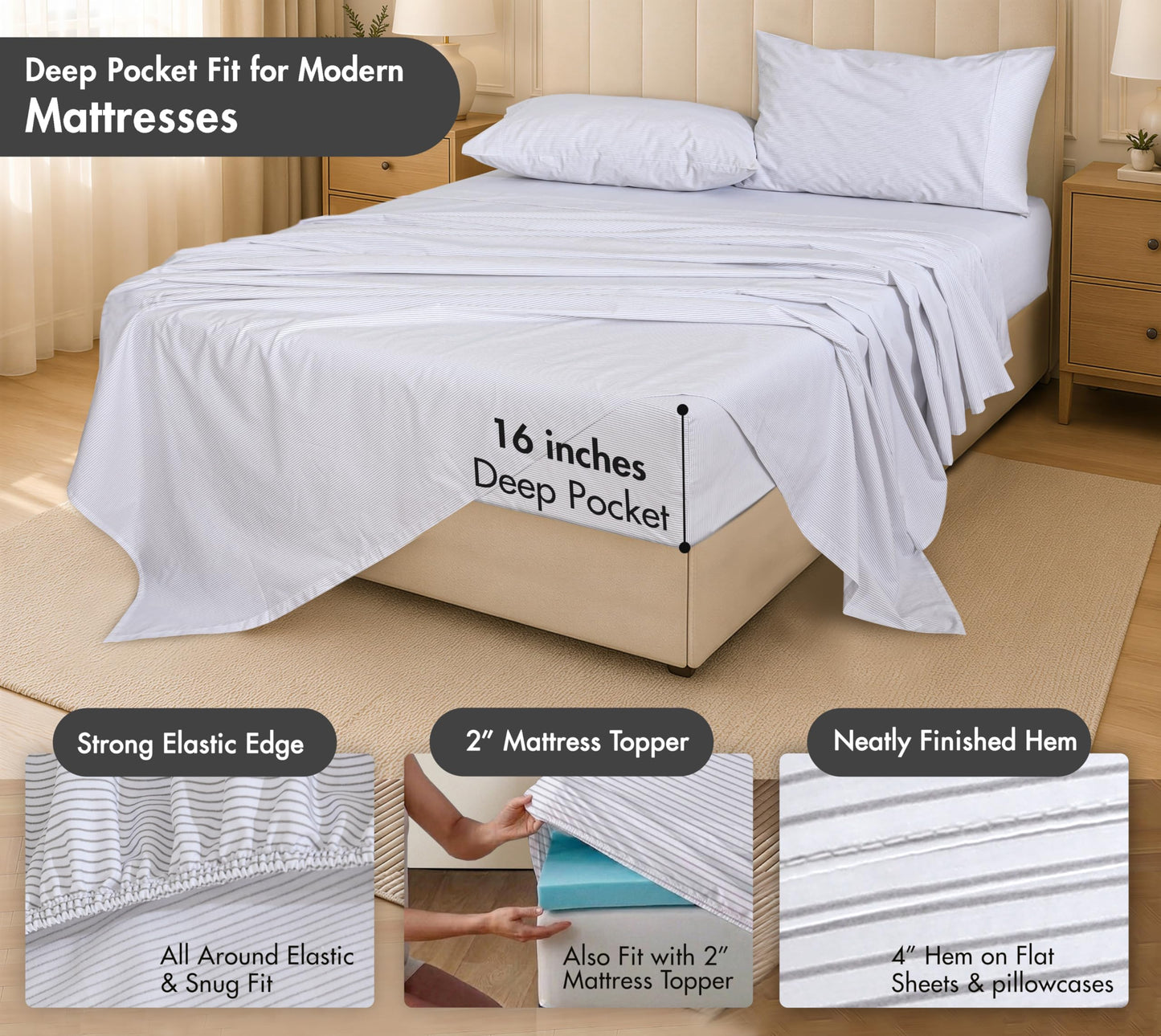 RUVANTI 100% Cotton Percale Sheets Full Size – Crisp Cooling Bed Sheets for Hot Sleepers, Deep Pocket 16”, Soft Breathable & Durable Hotel-Style 4 Piece Set, Grey Pinn Stripe