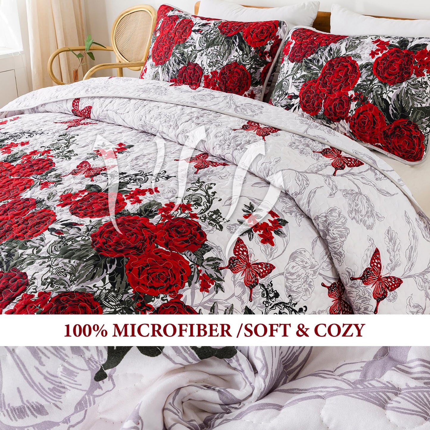Yiran Red Floral Bedspreads Queen Size Rose Flowers Quilt Bedding Set 3 Pieces Lightweight Microfiber Botanical Coverlet with 2 Pillow Shams for All Season 96x90 Inch
