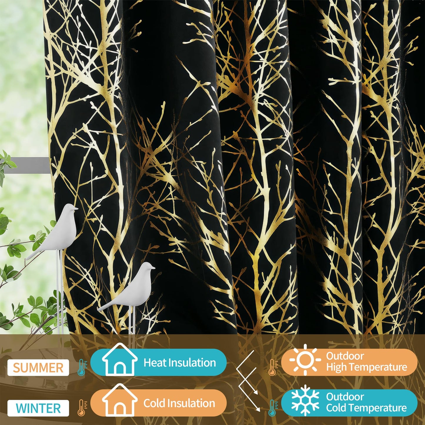 FMFUNCTEX 100% Blackout Curtains for Bedroom, Gold Foil on Black Curtains 84 Inches Long Curtains for Living Room, Metallic Tree Branch Print Drapes, Thermal Insulated Curtain Grommet Top 2 Panels