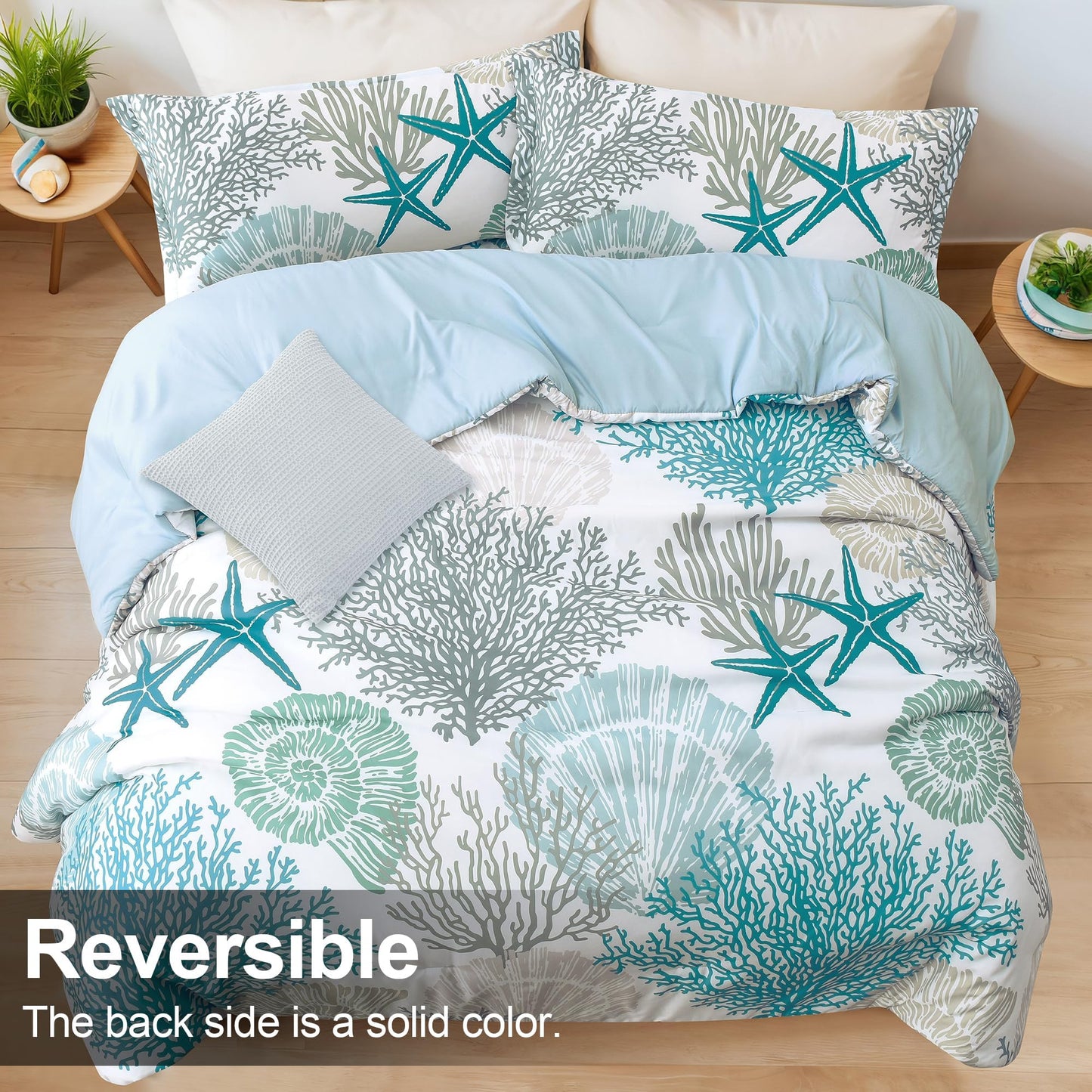 Tritard Coastal Comforter Set King Size 3 Piece, Soft Beach Themed Comforter, Ocean Nautical Lightweight Bedding Sets for All Seasons, (1 Reversible Comforter and 2 Pillow Shams), 104''x90'', C1