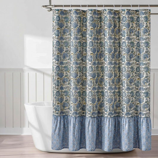 CrystalSylara Boho Shower Curtain 72" x 72" Block Print Asparagus Green Shower Curtain Blue and Green Floral Linen Bathroom Decor for Cottagecore Farmhouse Country Bathroom Decor