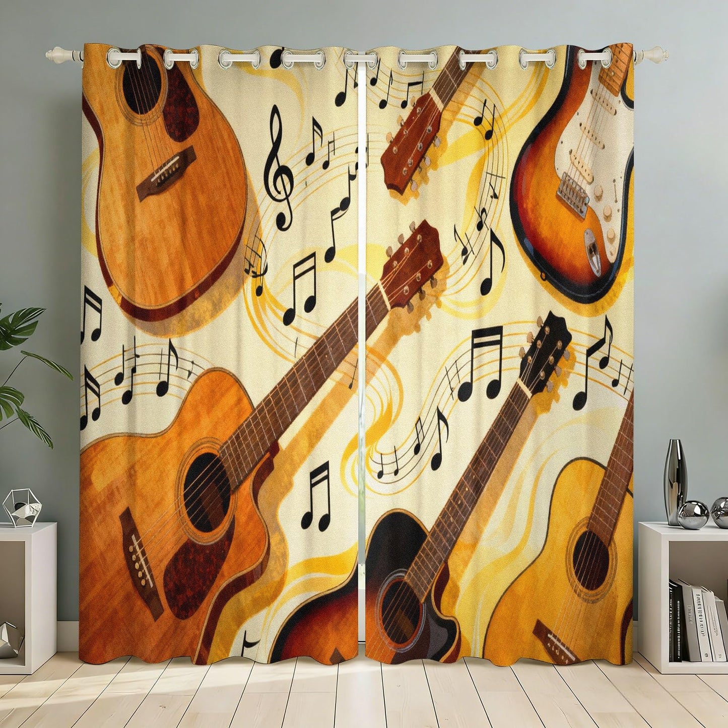 MBVZGUK Vintage Guitar Music Note Curtains 96 Inch Long 2 Panels, Classical Acoustic Electric Guitar Pattern Window Drapes, Thermal Insulated Blackout Curtains for Music Studio