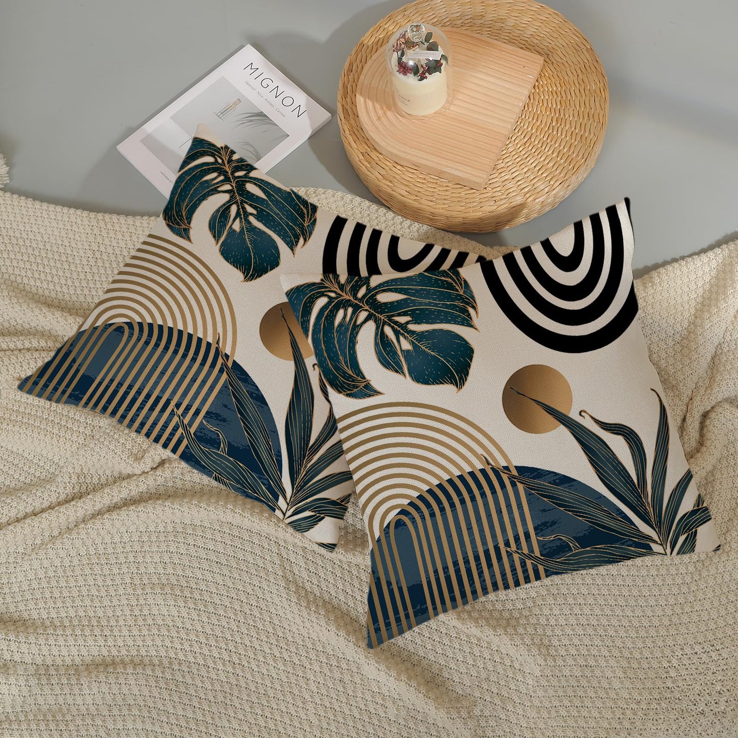Boho Pillow Covers 18x18 Set of Mid Century Navy Blue Black Gold Tropical Leaf Throw Pillow Covers Outdoor Decor,Abstract Modern Bohemian Farmhouse Square Decorative Cushion Cover for Home Sofa