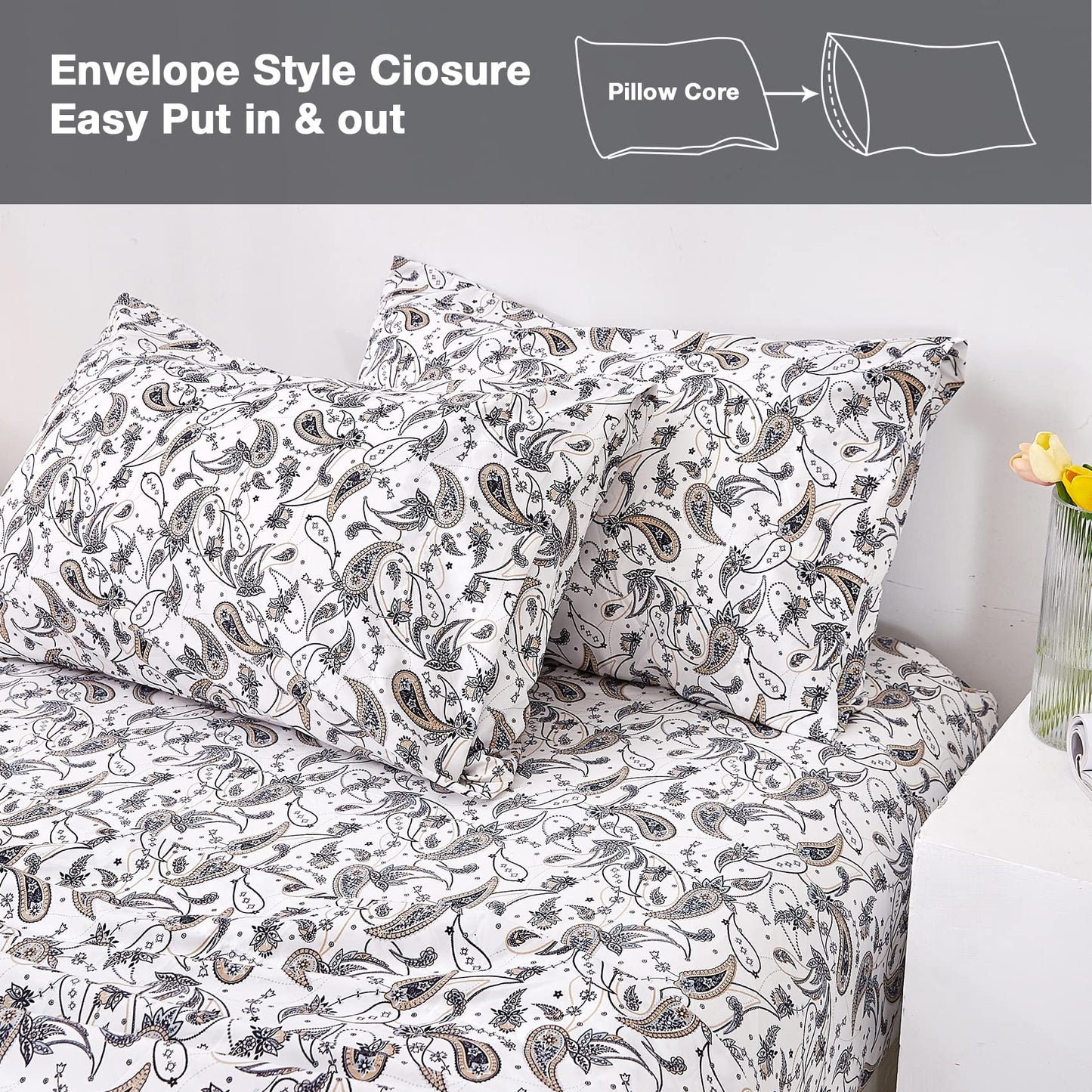 JSD Grey Paisley Printed Sheet Set Queen Size, 4 Piece Soft Retro Pattern Microfiber Sheets Extra Deep Pocket