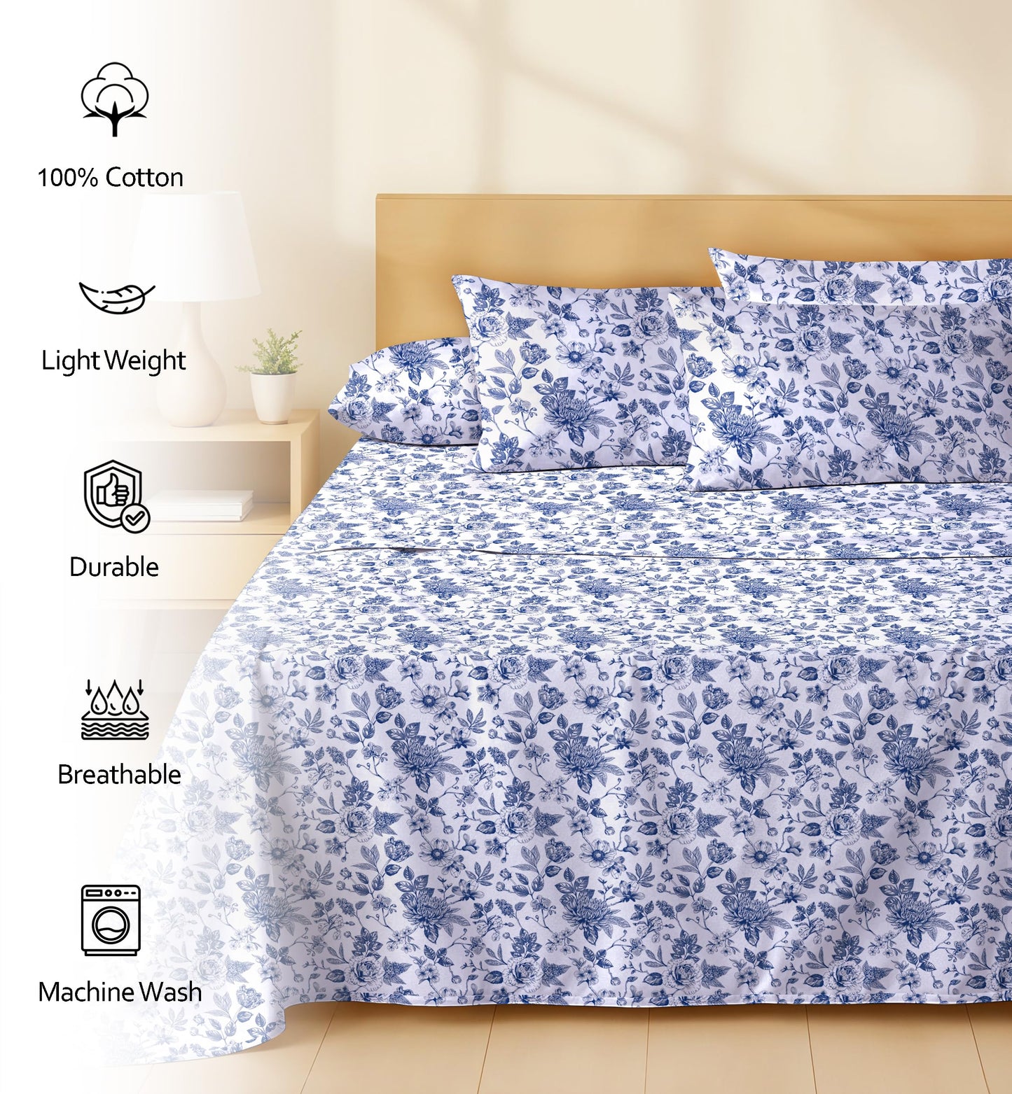 RUVANTI 6 Pcs Cotton Sheets - 100% Natural Cotton Soft, Lightweight & Breathable Crispy Percale Bed Sheets, Queen Sheet Set 16" Deep Pockets, Wild Flower