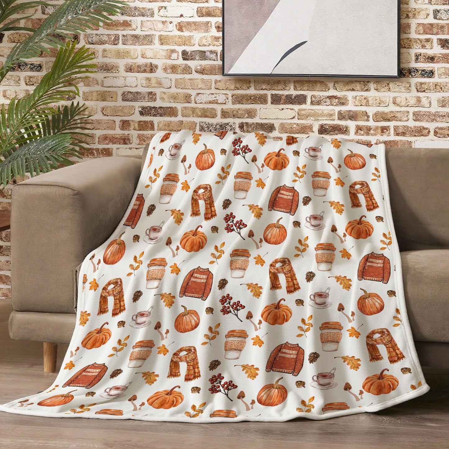 Fall Fleece Throw Blanket, Autumn Pumpkin Spice and Everything Nice with Books Wraps Coffees Lattes Pumpkins Pies Oversized, Soft Blanket for Couch,Cozy,Warm,Lightweight,50"X60"