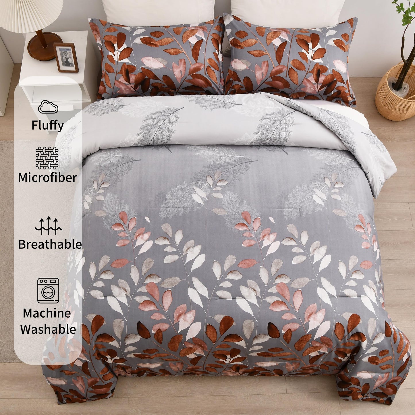 DJY Brown Comforter Set King, Botanical Leaves Comforter for King Bed 3 Pieces Reversible Floral Bed Comforter Sets Soft Microfiber Bedding Set for All Season (104"x90")