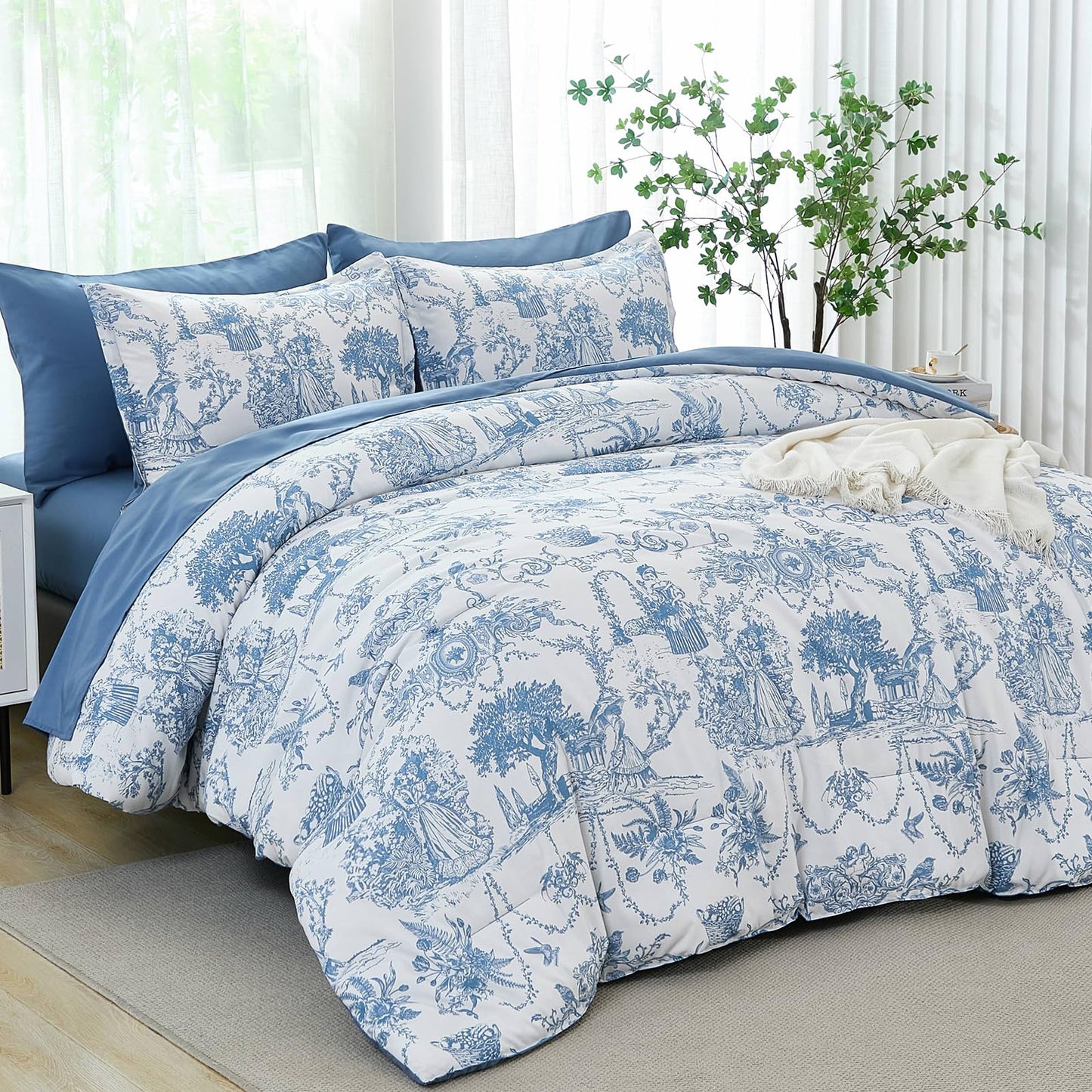 Blue Comforter Set Queen 7 Piece Bed in a Bag Toile de Jouy Botanical Comforter with Sheet Set Soft Micorfiber Bedding Set (1 Comforter,2 Pillow Shams,1 Flat Sheet,1 Fitted Sheet,2 Pillowcases)
