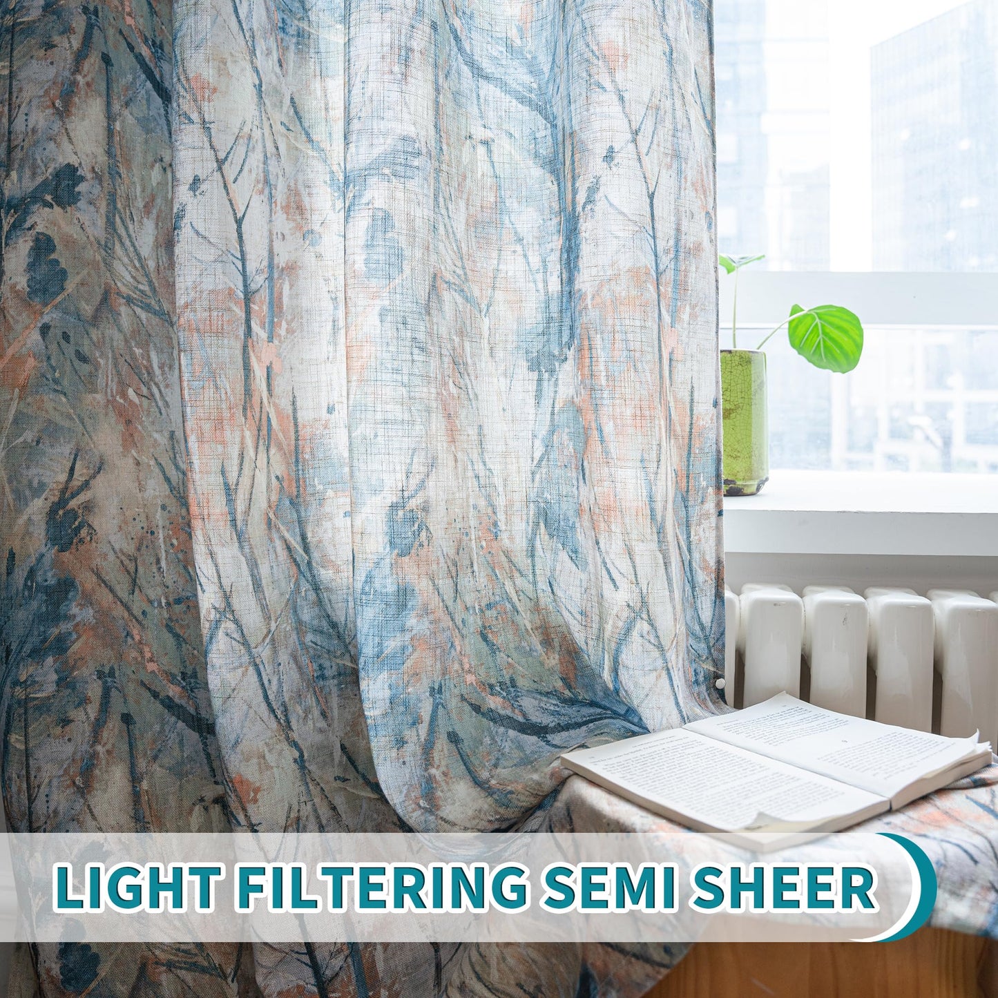 MEETSKY Living Room Curtains 95 Inch Length - Branches Pattern Printed Sheer Curtain Linen Texture Modern Drapes Light Filtering Grommet Window Curtain Panels for Bedroom Dining Room, Blue & Orange