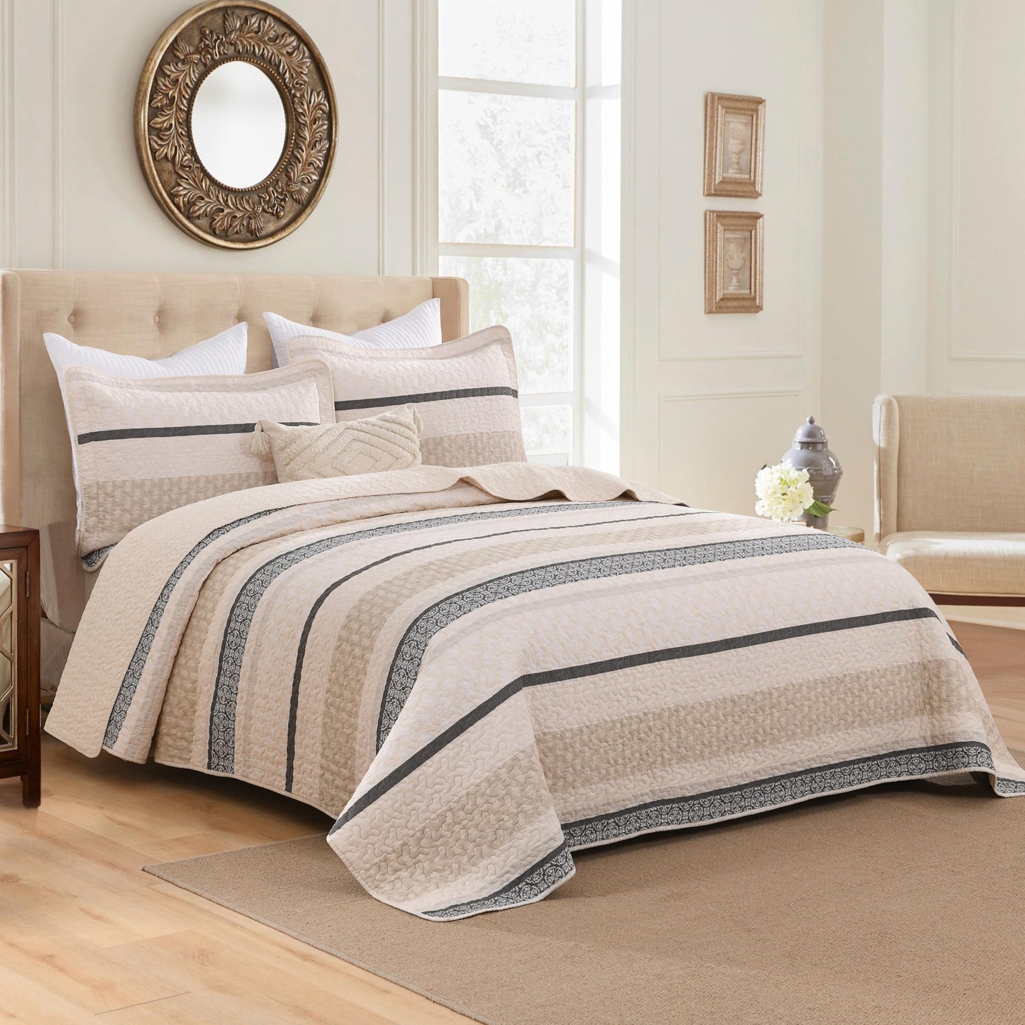 Homzard Quilts Queen Size, Cotton Comforter Set, Beige and Grey Queen Bed Set, Lightweight Striped Bedding, Farmhouse Reversible Bedspread All Season 3 Pieces