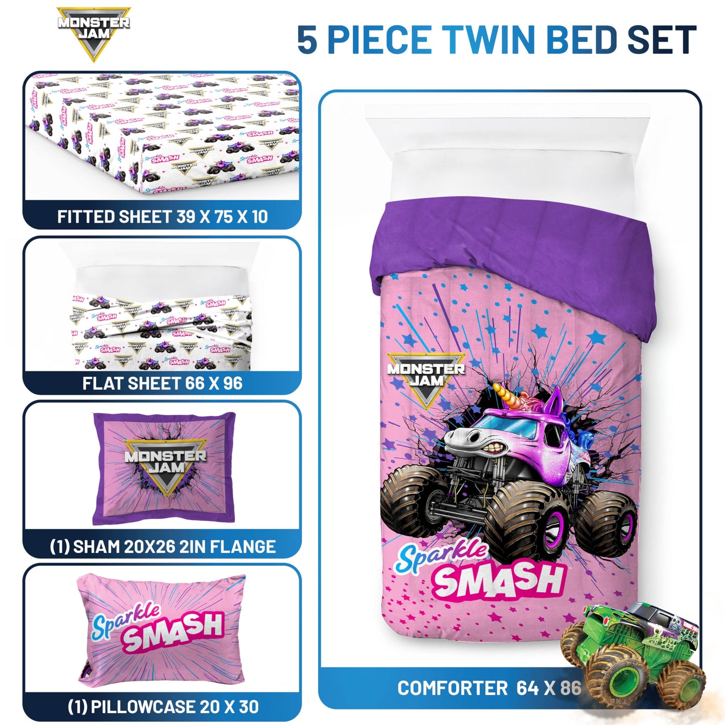 Jay Franco Kids Bed Set, Pink, Monster Jam, 5 Piece Twin