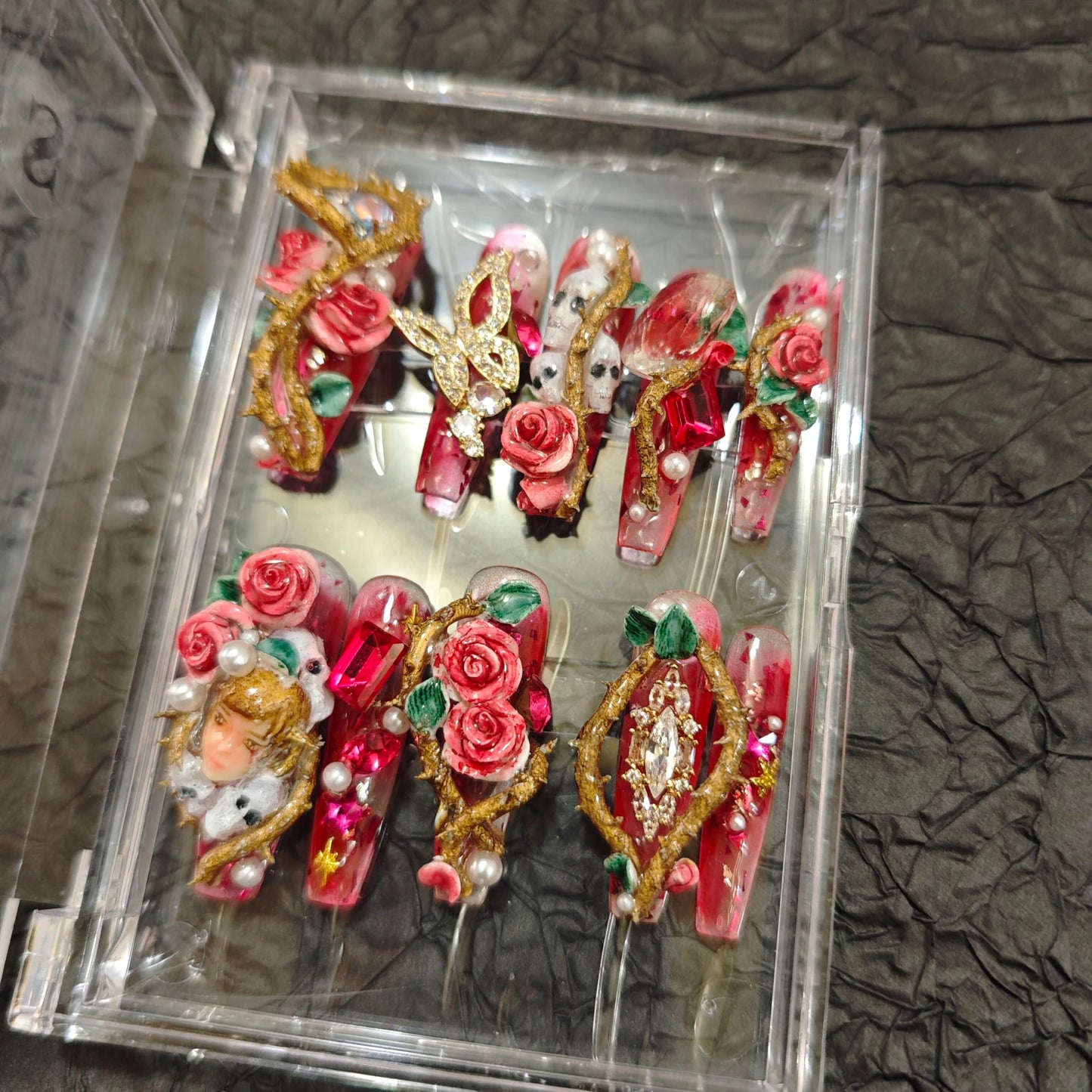 10Pcs(1Pack) Handmade Nails Press On Nails Long Square 33mm Rose Masquerade 3D Rose Pearl Mask Luxury Art Fake Nails Reusable Acrylic Stick On Nails for Women Wedding Party Daily Wear Size L