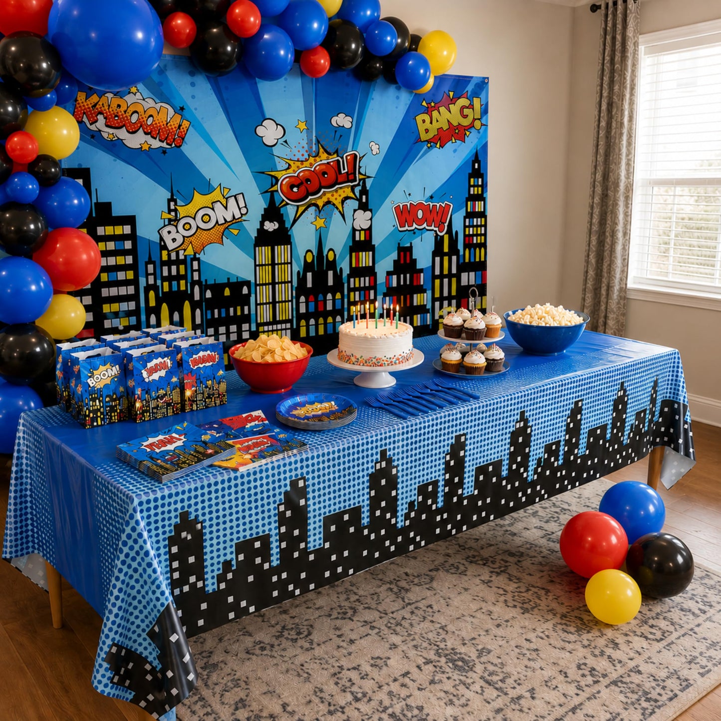 Blue Orchards Superhero Cityscape Table Covers (Pack of 3) 108"x54" XL - Superhero Table Cloth for Parties, Birthday Party Supplies, Boy Birthday Party Decorations, Super Hero Brithday Party