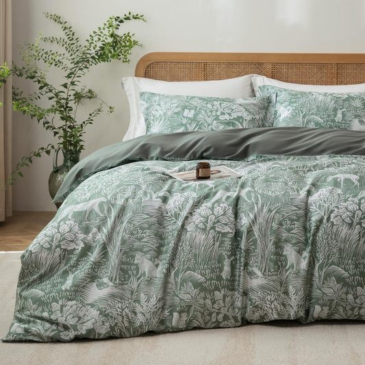 MILDLY Queen Size Duvet Cover Set 100% Long-Staple Cotton Luxury Green Floral Patten Reversible Comforter Cover Set 3Pcs