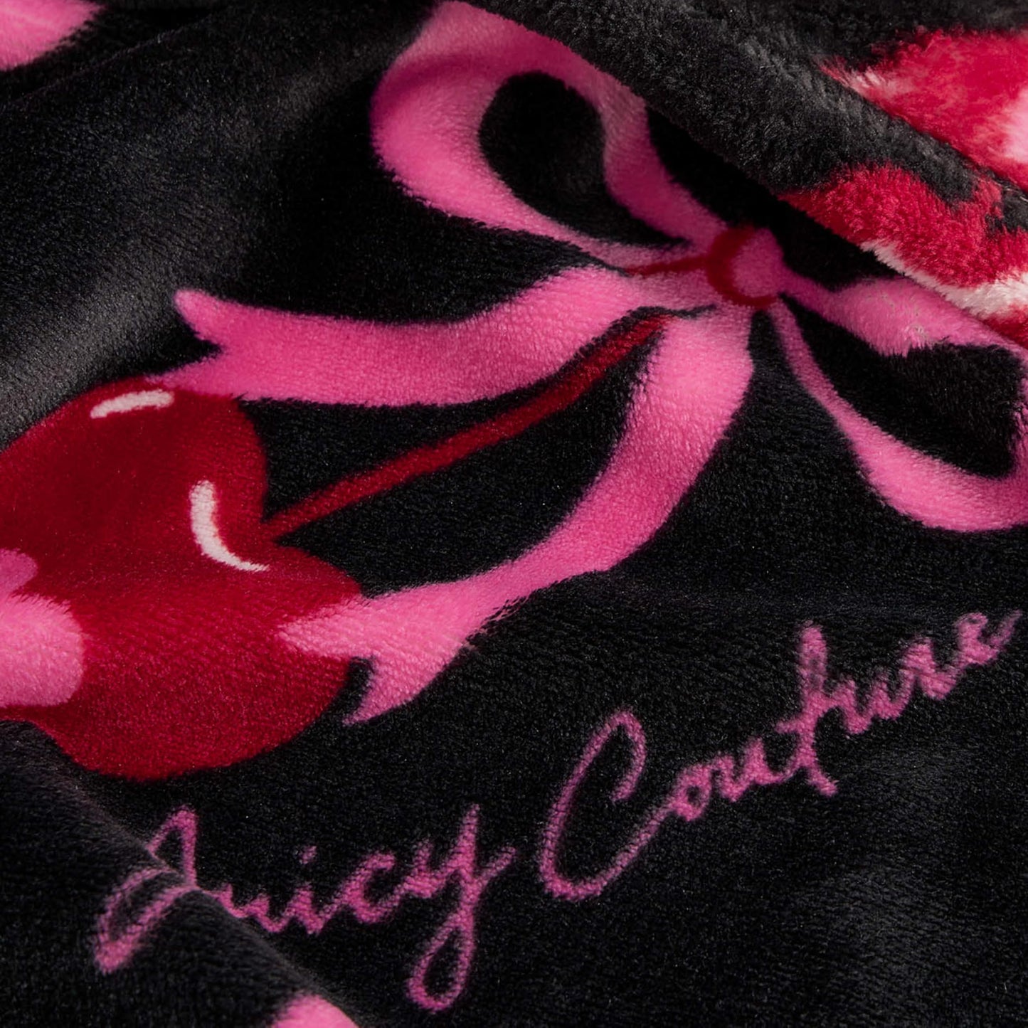 Juicy Couture Sweet Cherry Bows 50" x 70" Plush Throw Blanket, Black - Decorative Blankets for Sofas, Throws for Chairs, and Beds