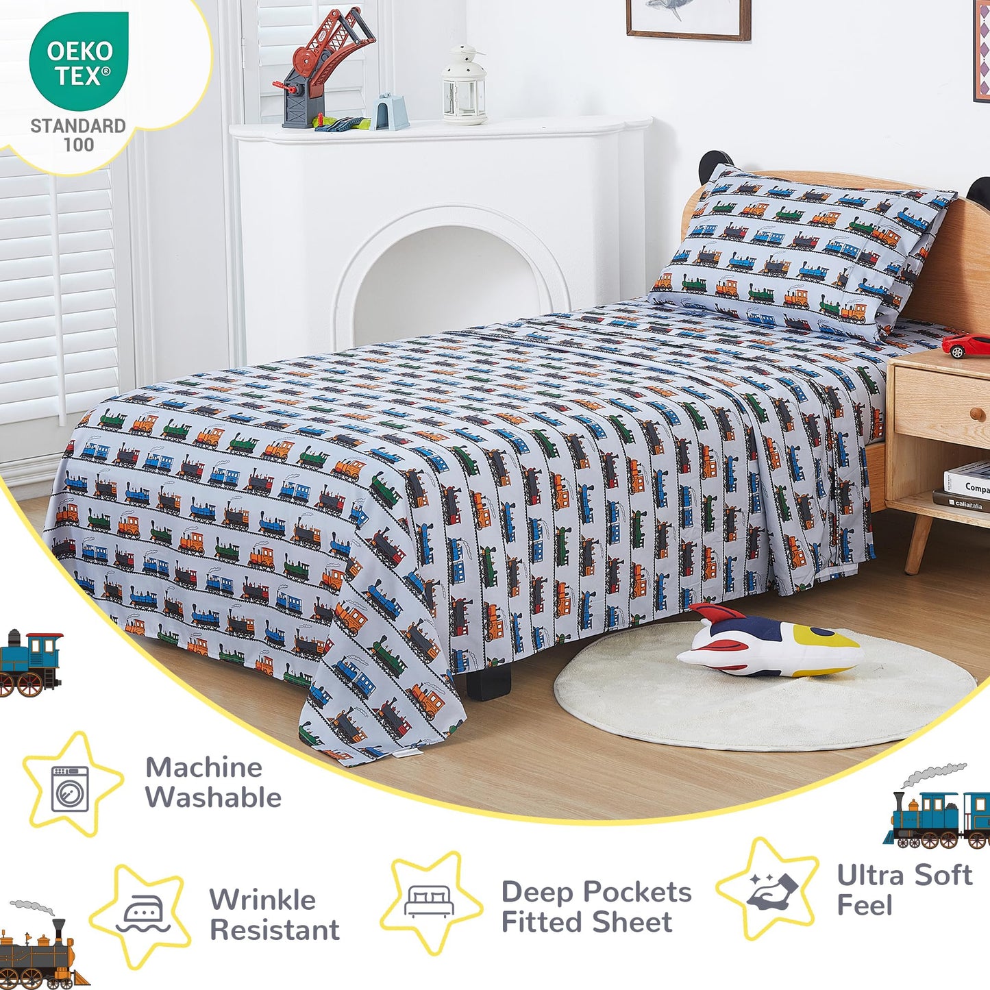 Viviland 3 Pieces Boys Grey Twin Sheet Set - Soft Microfiber Fitted Flat Sheets & Pillowcase - Retro Train Print Bedding Sets - for Kids & Toddlers