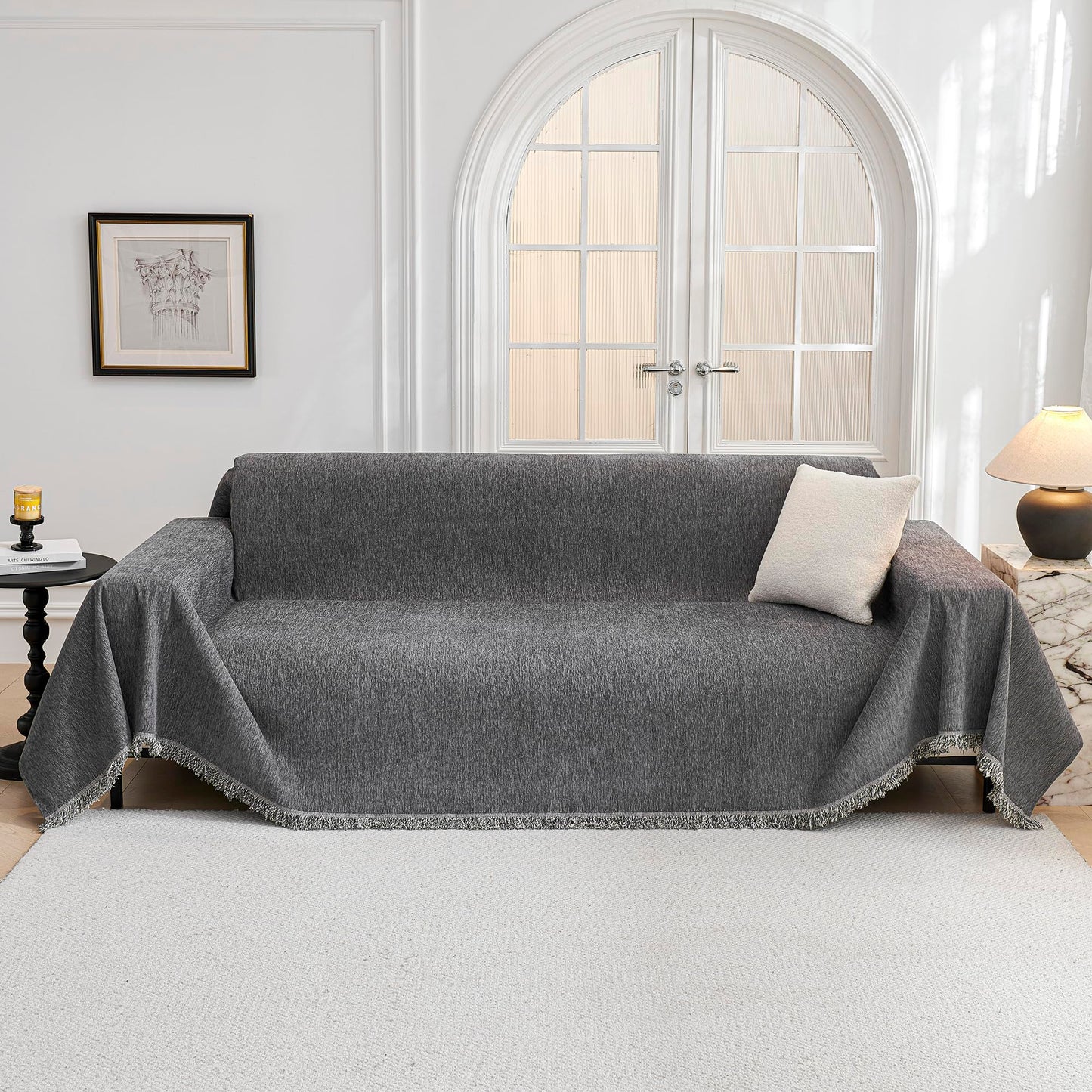 MYSKY HOME Couch Cover for Dogs, Washable Couch Covers, Non Slip Sofa Cover, Couch Cover 2 Cushion Sofa Dogs Furniture Protector with Tassels, Chenille Sofa Slipcover for Pets, 71"x118", Dark Grey
