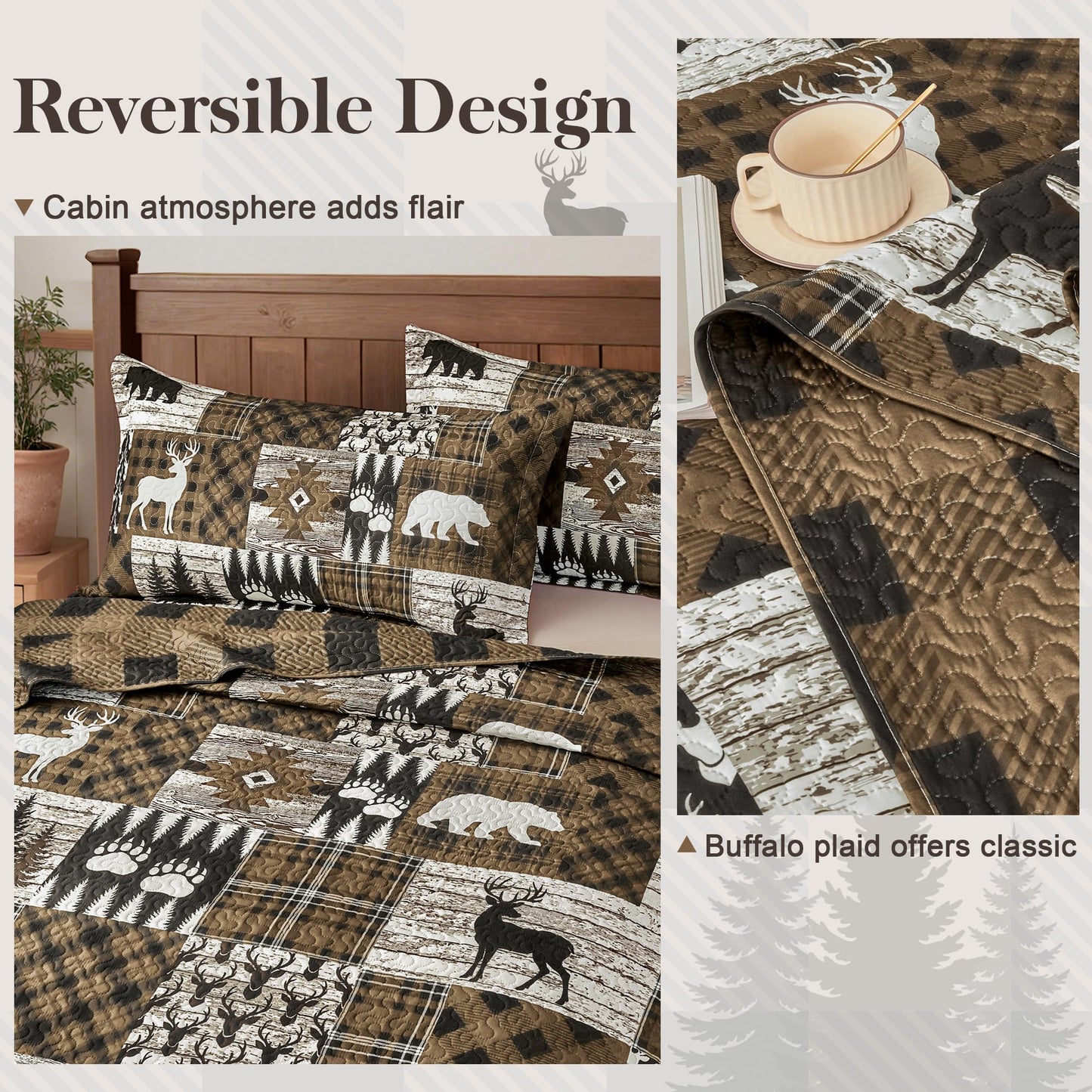 3 Piece Cabin Full/Queen Quilt Sets Farmhouse Rustic Reversible Microfiber Soft Lightweight Bedspread Coverlet with 2 Shams Patchwork Country Lodge Bedding Quilts Set for All Season, 90''x96'', Brown