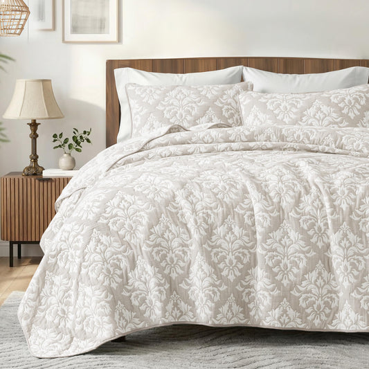 Exclusivo Mezcla Cotton Quilts King Size Beige, Soft Lightweight Bedspread Breathable Prewashed Bed Coverlet with 2 Pillow Shams, Boho Pattern Yarn Dyed Muslin Quilt Bedding Set for All Seasons
