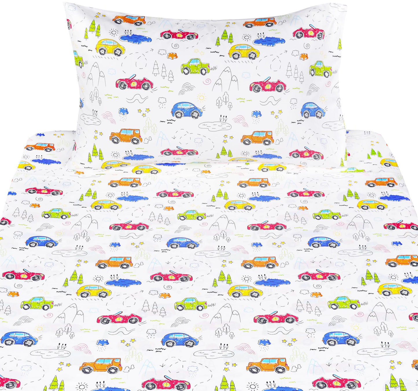 J-pinno Colourful Cars Trees Lakes Hills Trave Journey Cute Cartoon 100% Cotton 3 Pieces Twin Sheet Set for Kids Girls Boys Children Flat Sheet + Fitted Sheet + Pillowcase Bedding Decoration Gift Set