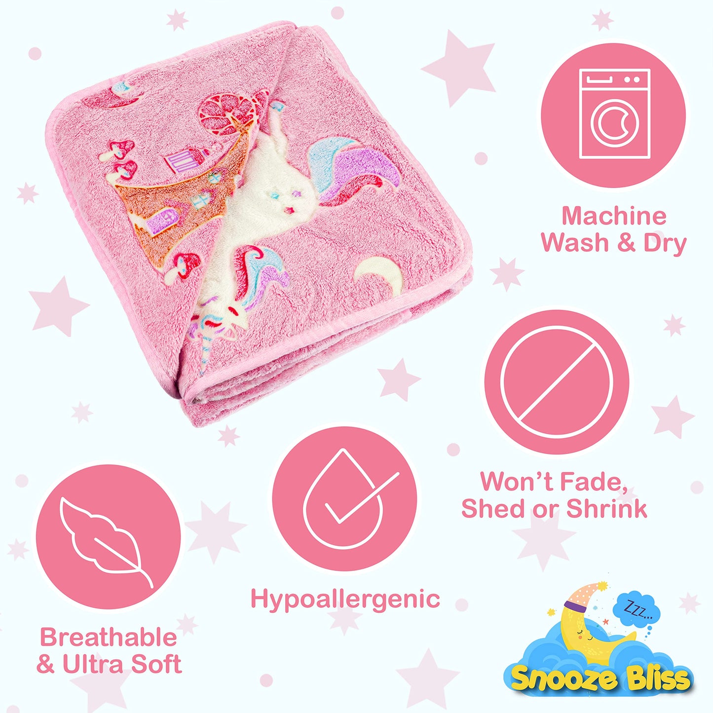 Glow in The Dark Unicorn Blanket for Girls – Soft Pink Fleece Throw. Great Christmas, Birthday, Baby, Toddler Unicorn Gifts for Girls, Fairy, Butterfly, Stars. Bright Long-Last Glow