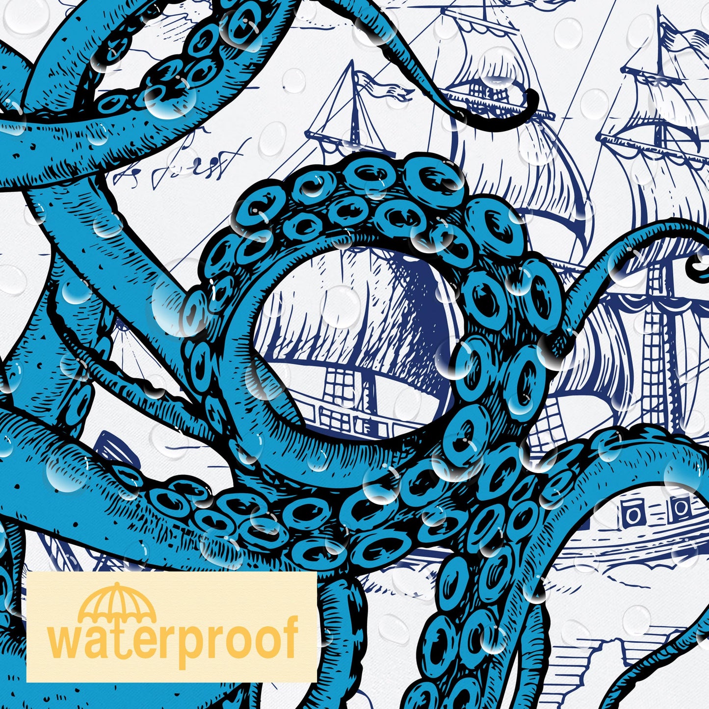 Mayormyth Shower Curtain Blue Nautical Octopus Funny Ocean Kraken Shower Curtains for Bathroom Decor Beach Coastal Pirate Map Shower Curtain Set Polyester Waterproof Cloth Fabric with Hooks