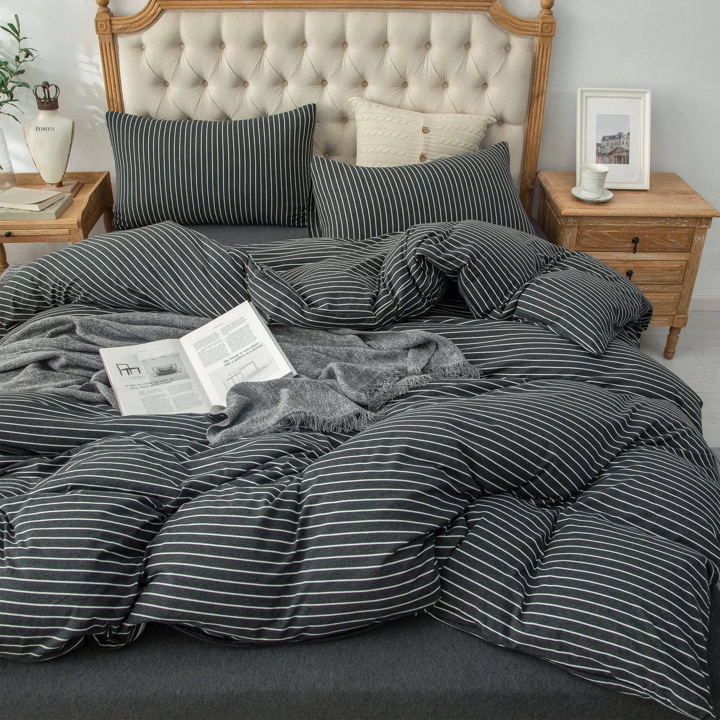 PURE ERA Jersey Knit Duvet Cover Set 100% T-Shirt Heather Cotton Super Soft Comfy Classic Striped Design, with Zipper Closure, Black & White Pinstripe, King