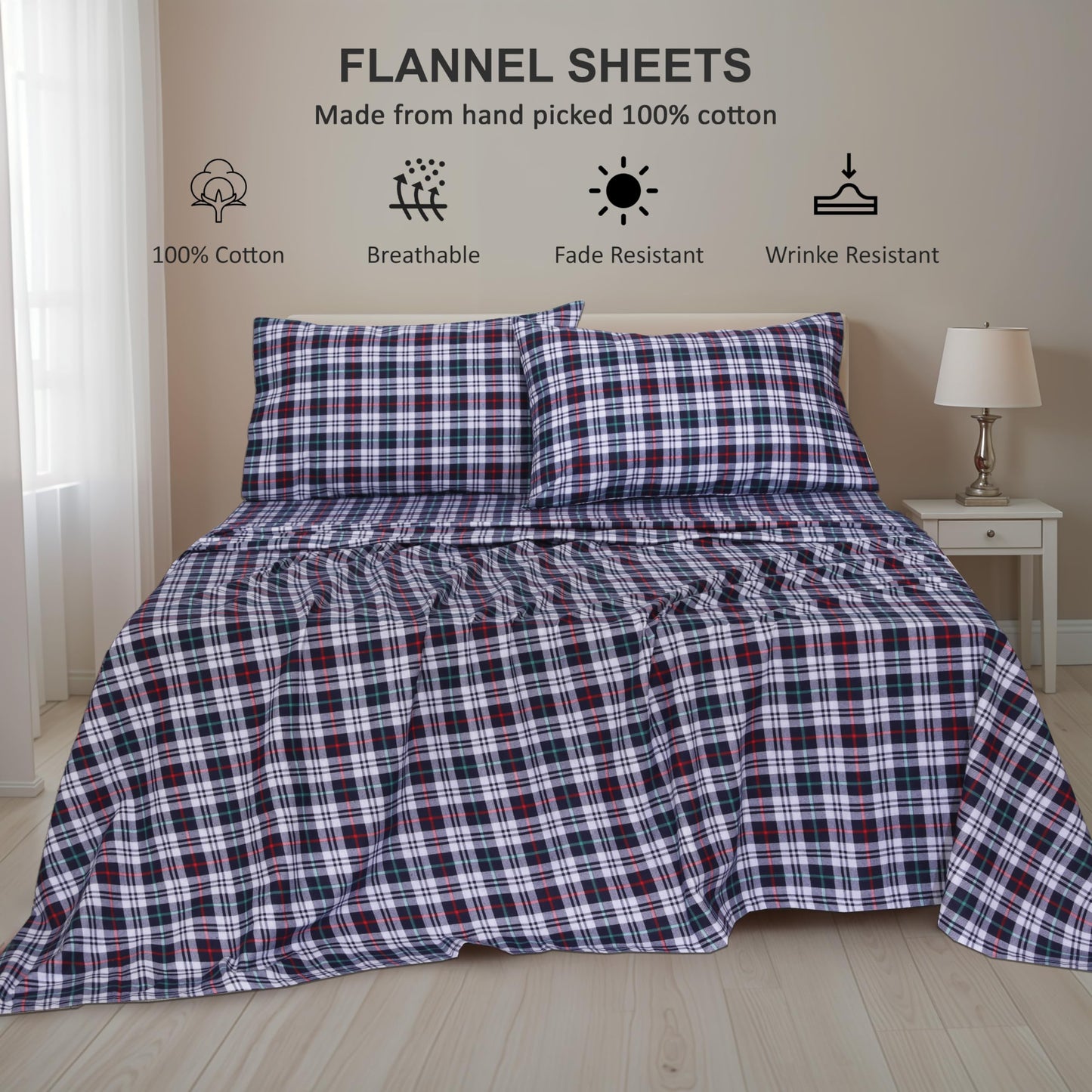 RUVANTI Flannel Sheets Queen Size - 100% Cotton Double Brushed Bed Sheets, Deep Pockets 16 Inches Queen Sheet Set, All Seasons Breathable & Extra Soft - Warm & Cozy, 4 Piece, Noel