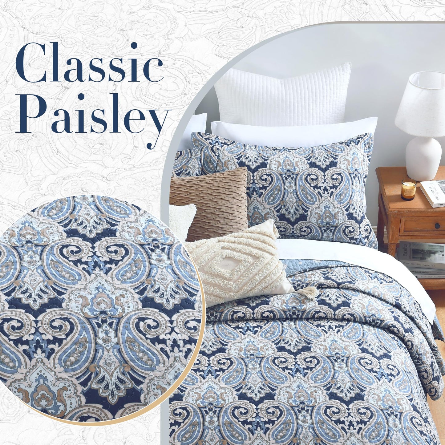 BCOTTOND Blue Paisley Queen Size Quilt Set - Reversible Paisley Beige Floral Quilts Queen Size, 100% Cotton Lightweight Bedspread Set, Luxury Quilt Bedding Set for Queen Bed, Navy Blue, 90×98