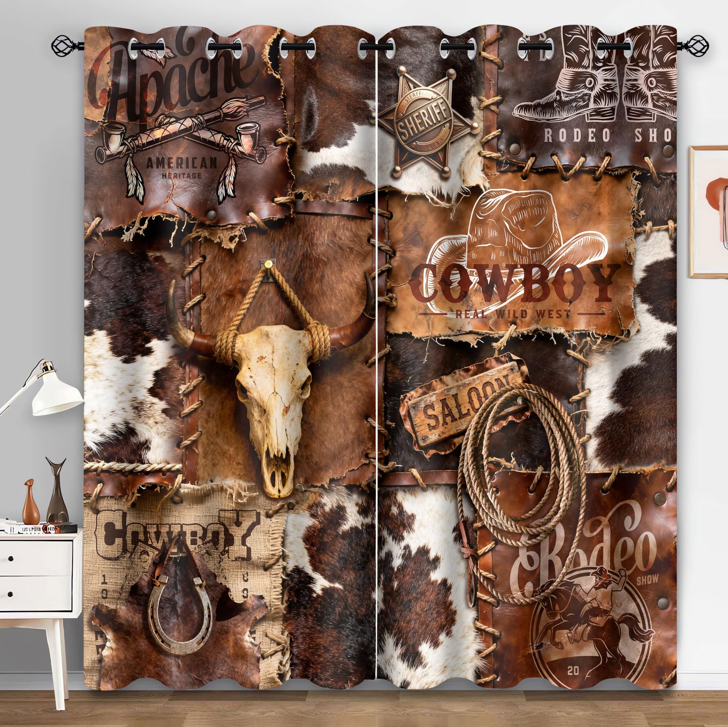 HIYSMT Western Cowhide Blackout Curtains,Cowboy Hat Boots Horseshoe Rope Cow Skull Drapes,4284inch Rustic Farm Animal Skin Window Treatments for Bedrooms Living Room Kitchen,2Panel HI0102YL