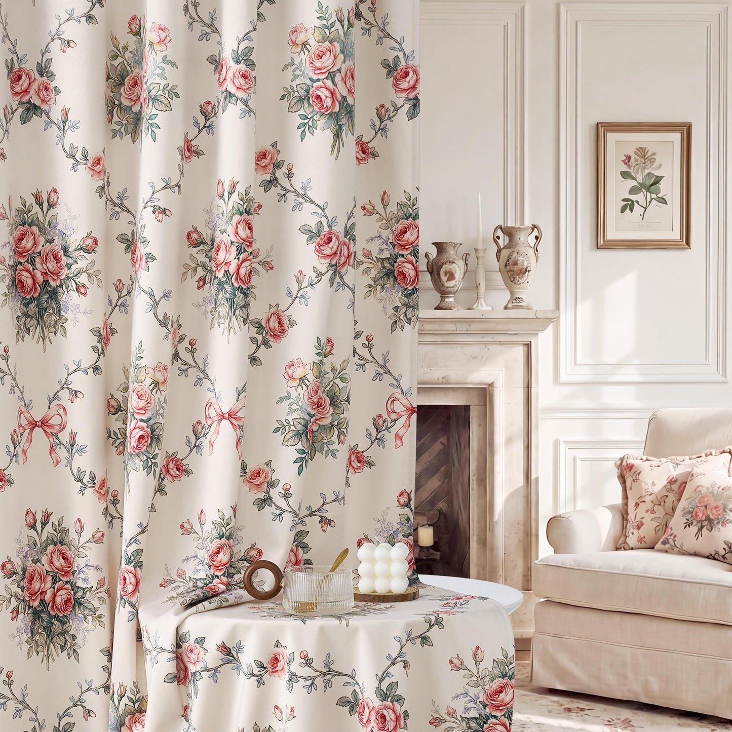 StangH French Country Rose Floral Velvet Curtains, Cream Shabby Chic Ribbon Bow Printed Window Drapes Romantic Privacy Panels for Girls Room Nursery, W52 x L84, 2 Panels
